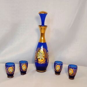 Vintage Bohemian Cobalt Blue Art Glass Decanter & 4 Shot Glasses EUC